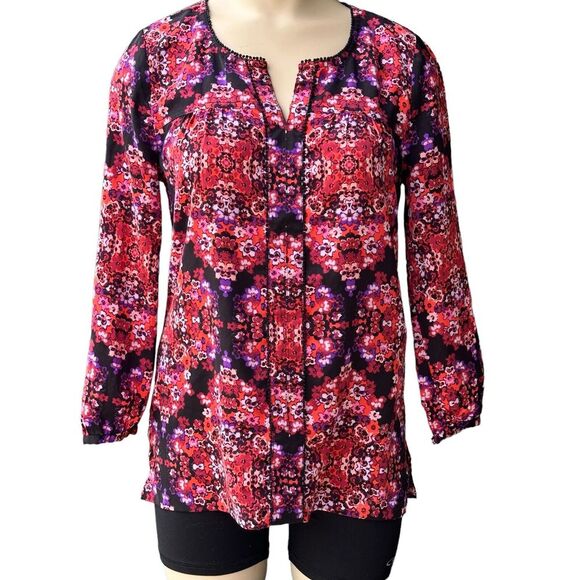J Crew Top Blouse Women's 2XS Black Red‎ Purple Floral Print Split Neck Boho - Picture 1 of 12